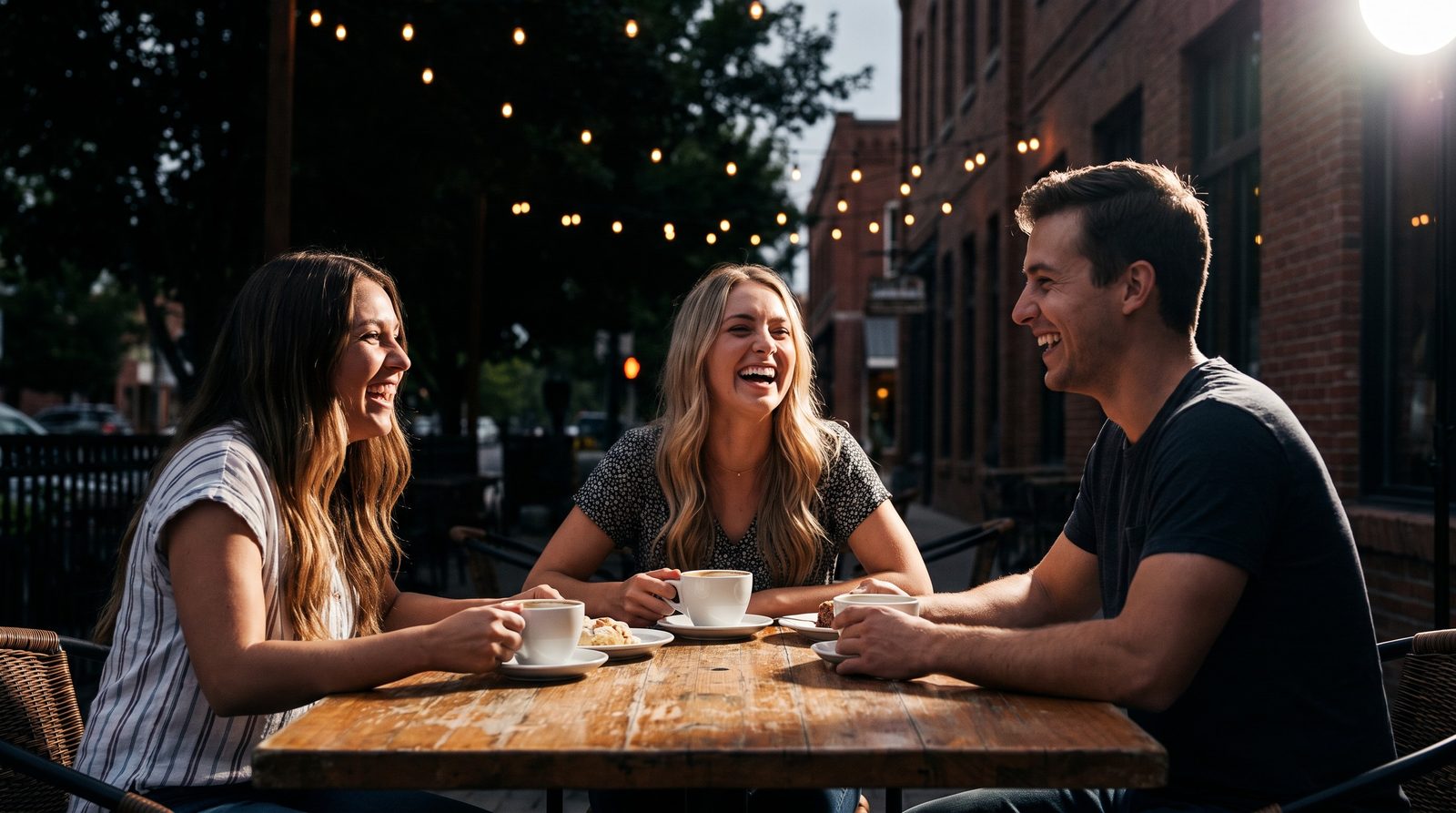 Three friends laughing at an outdoor café table in the evening