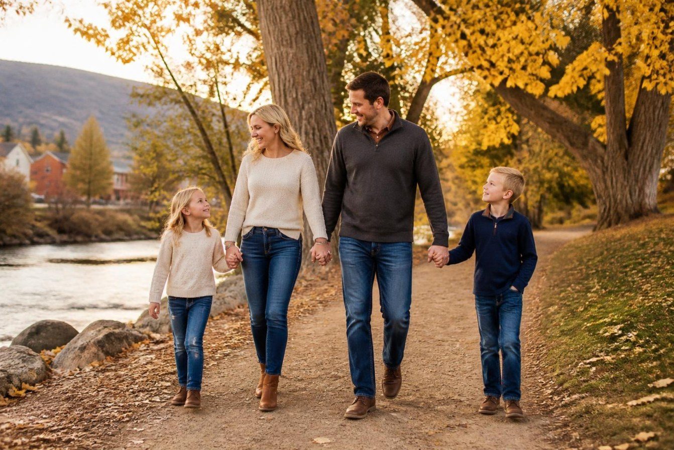 Familia de cuatro caminando por un sendero junto a un arroyo en otoño
