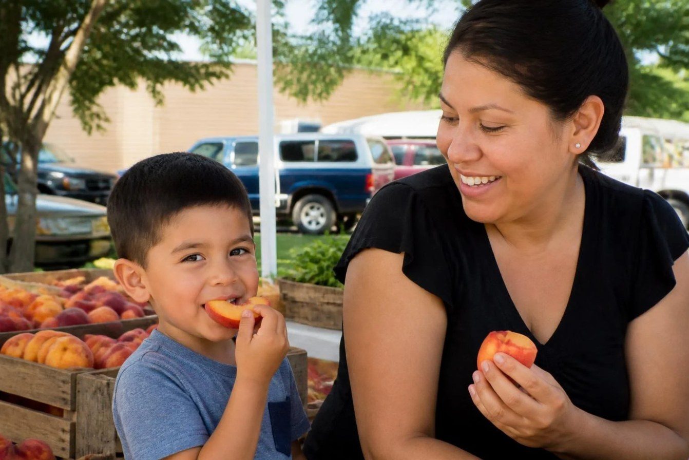 Mother and son smiling over fresh peaches at a farmers market