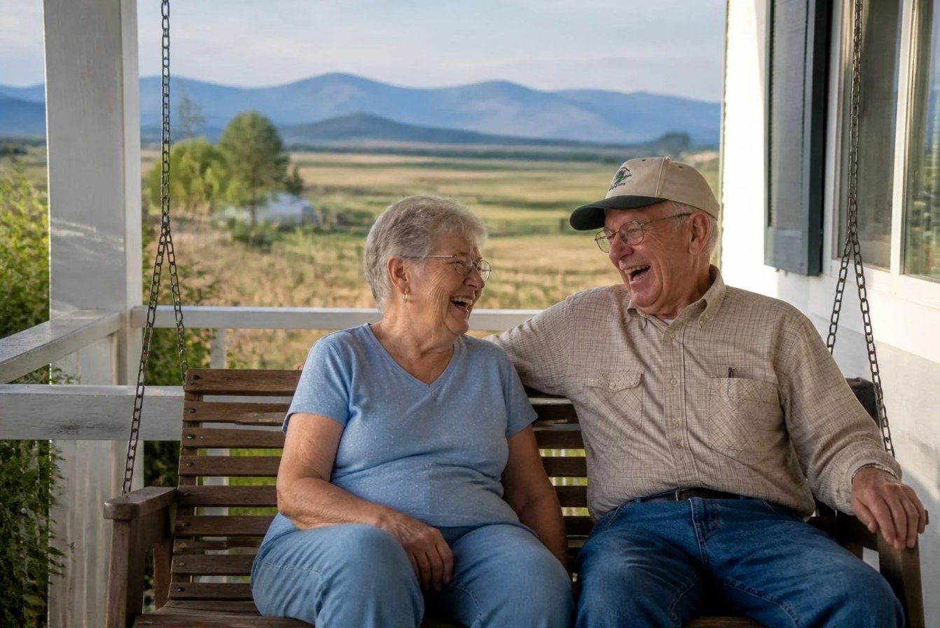 Older couple laughing together on a farmhouse porch swing