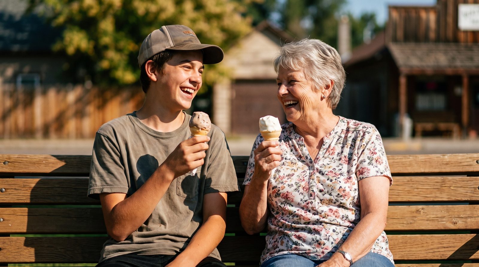 Teenage boy and his grandmother laughing over ice cream on a park bench