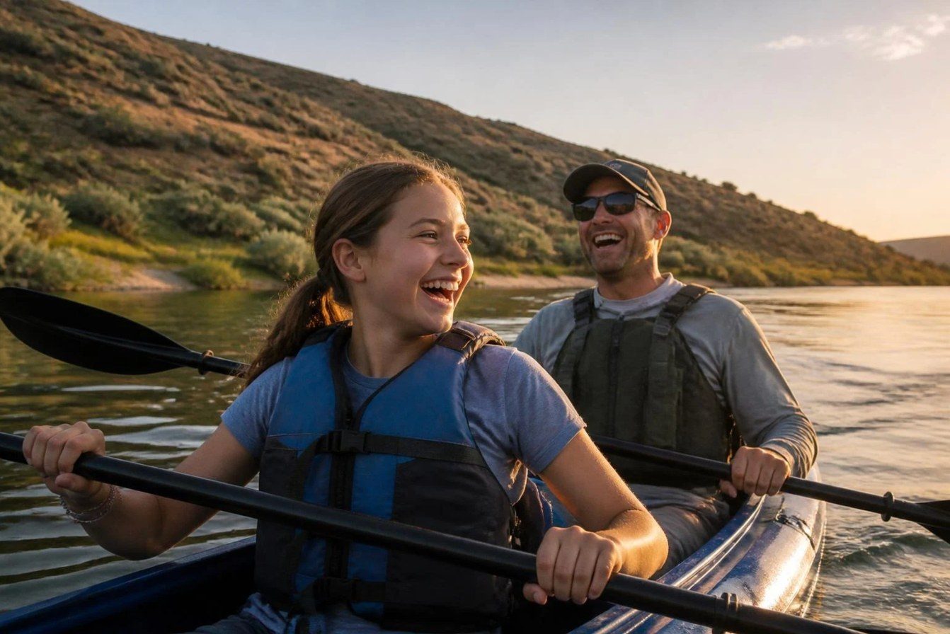 Teenage girl and her dad laughing while kayaking on a lake at sunset