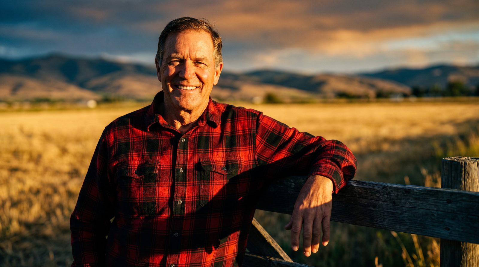 Hombre mayor sonriente apoyado en una cerca junto a un campo de heno
