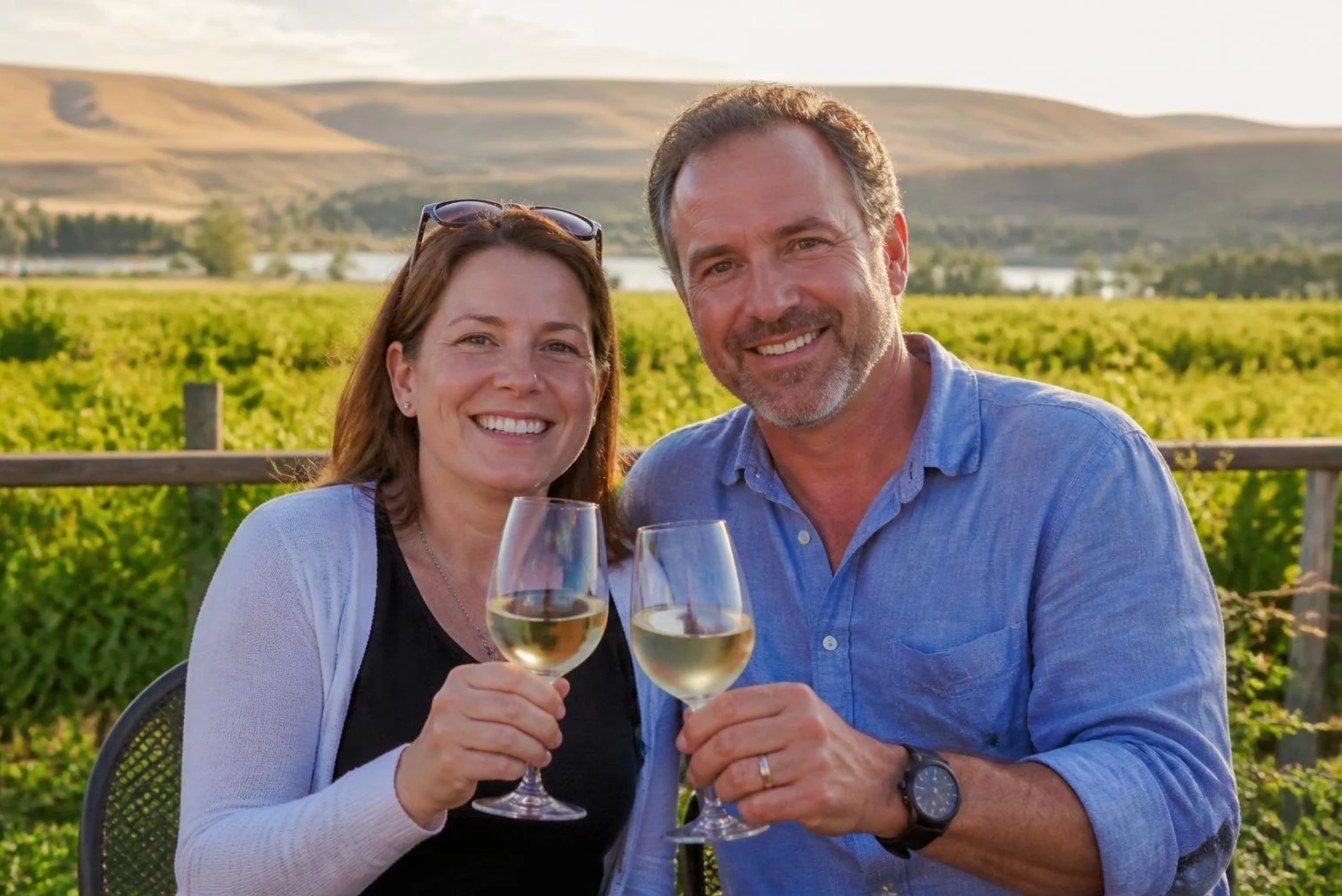 Pareja sonriendo y brindando en un viñedo al atardecer